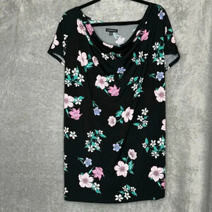 Lane Bryant 26 28 3X Shirt Top Black Floral Flower Cap Short Sleeve Cowl Neck